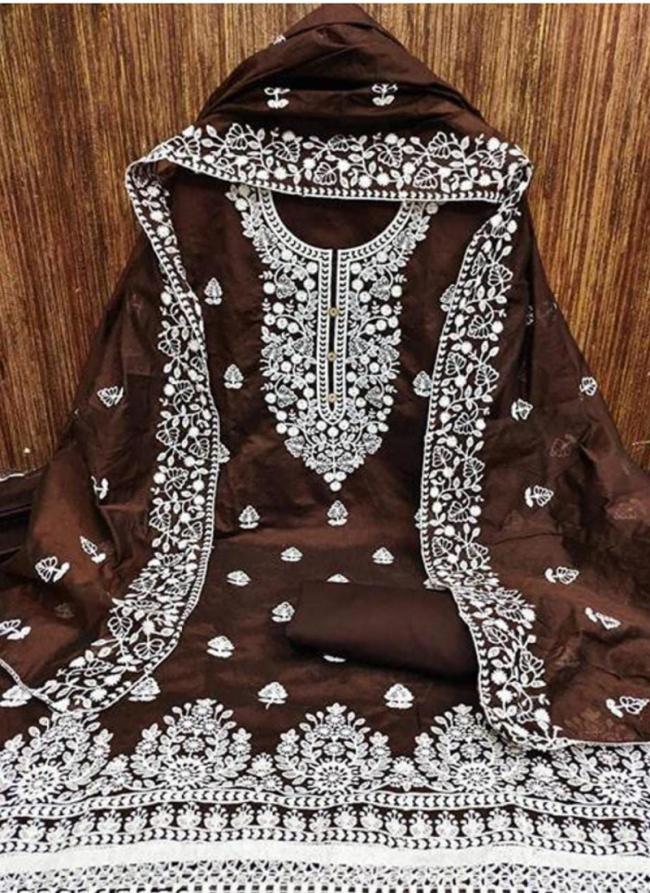 Chanderi Brown Festival Wear Thread Work Dress Material